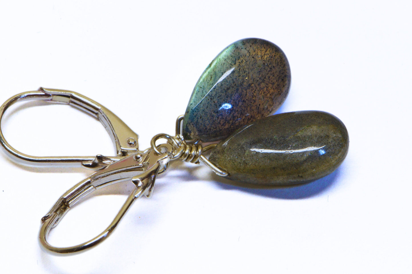 Natural Labradorite Teardrop Earrings Wire Wrapped Sterling Silver Dangle Drop Earrings Birthstone Gift
