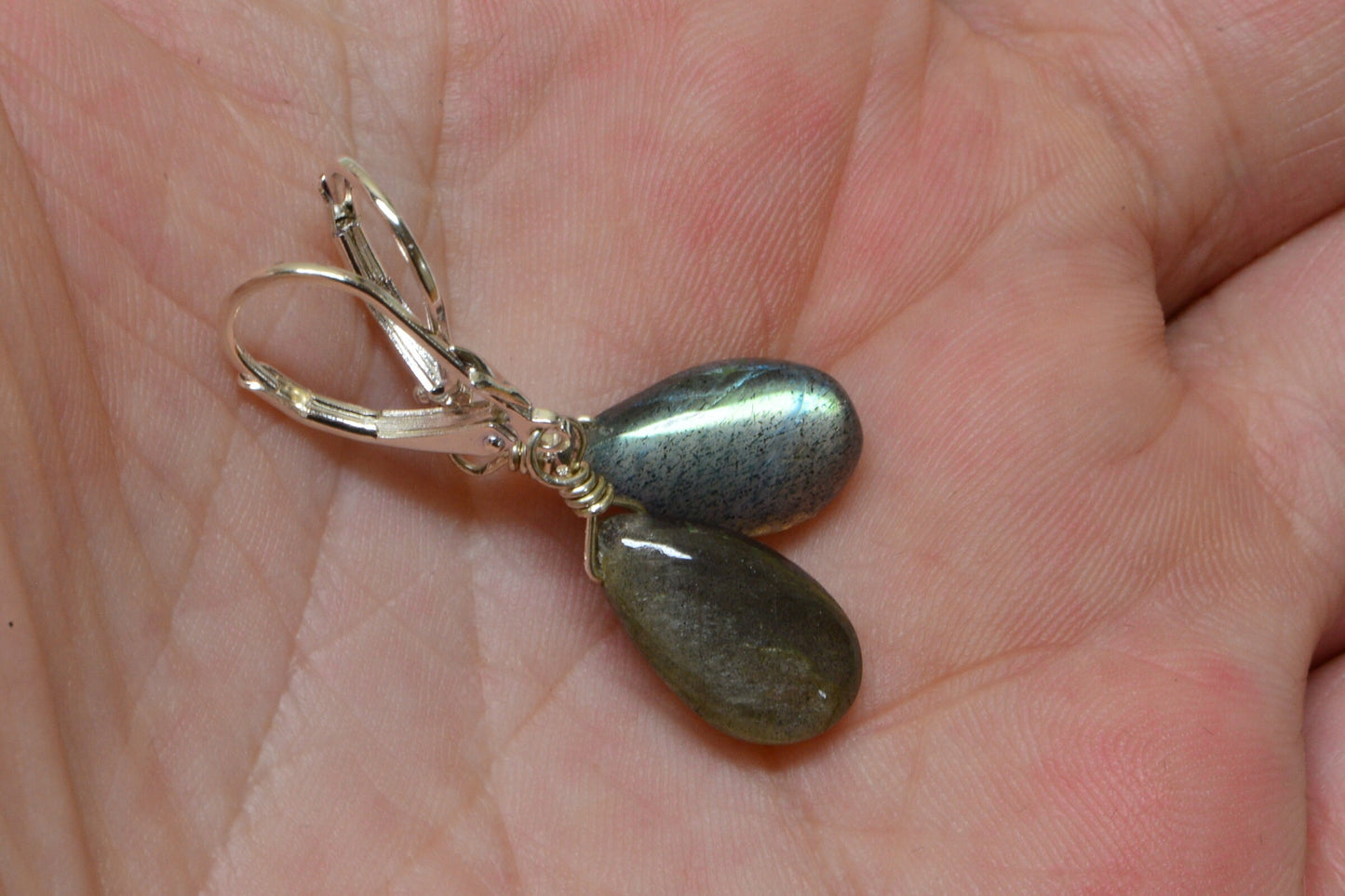 Natural Labradorite Teardrop Earrings Wire Wrapped Sterling Silver Dangle Drop Earrings Birthstone Gift