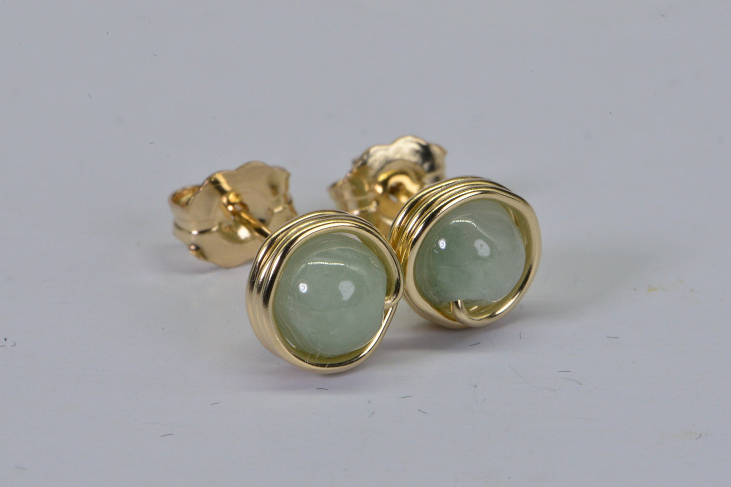 Handmade Copper Wire Wrapped Burma Jade Stud Earrings