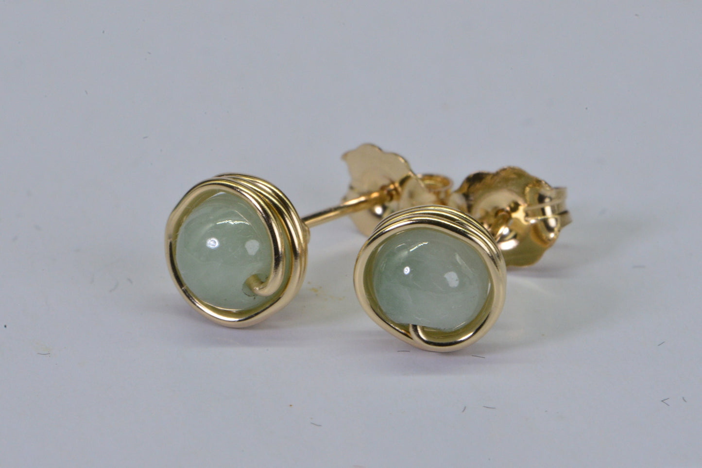 Handmade Copper Wire Wrapped Burma Jade Stud Earrings