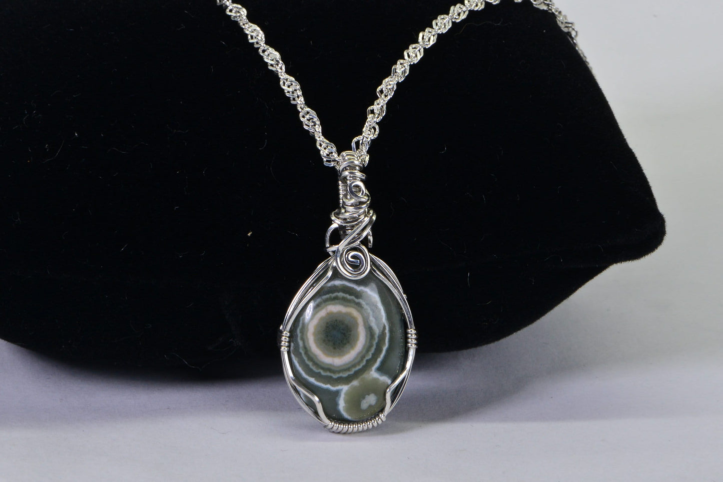 Green Ocean Jasper Sterling Silver Wire Wrapped Pendant