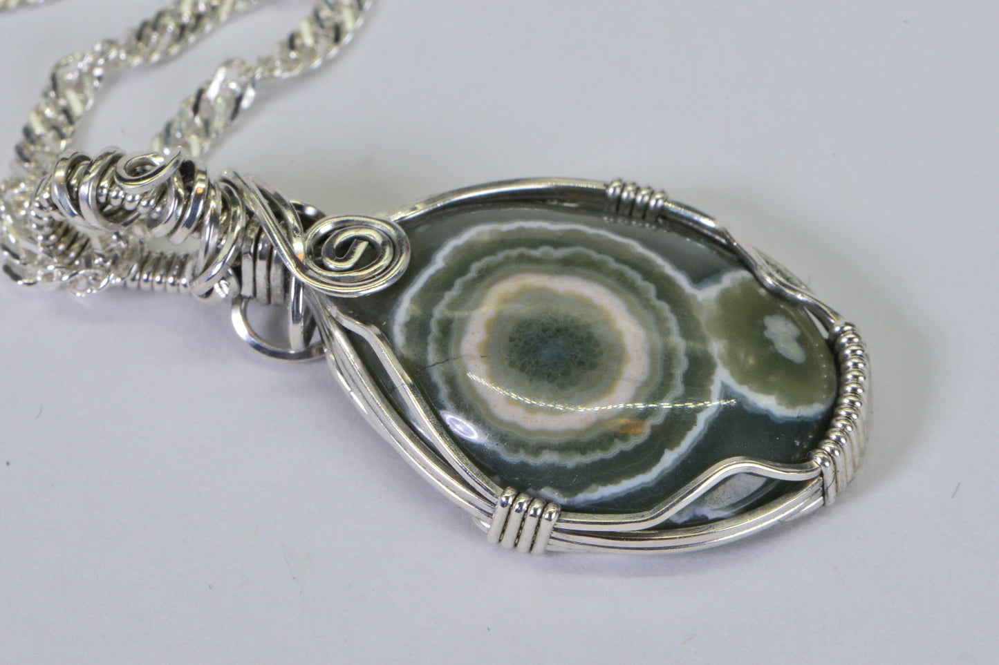 Green Ocean Jasper Sterling Silver Wire Wrapped Pendant