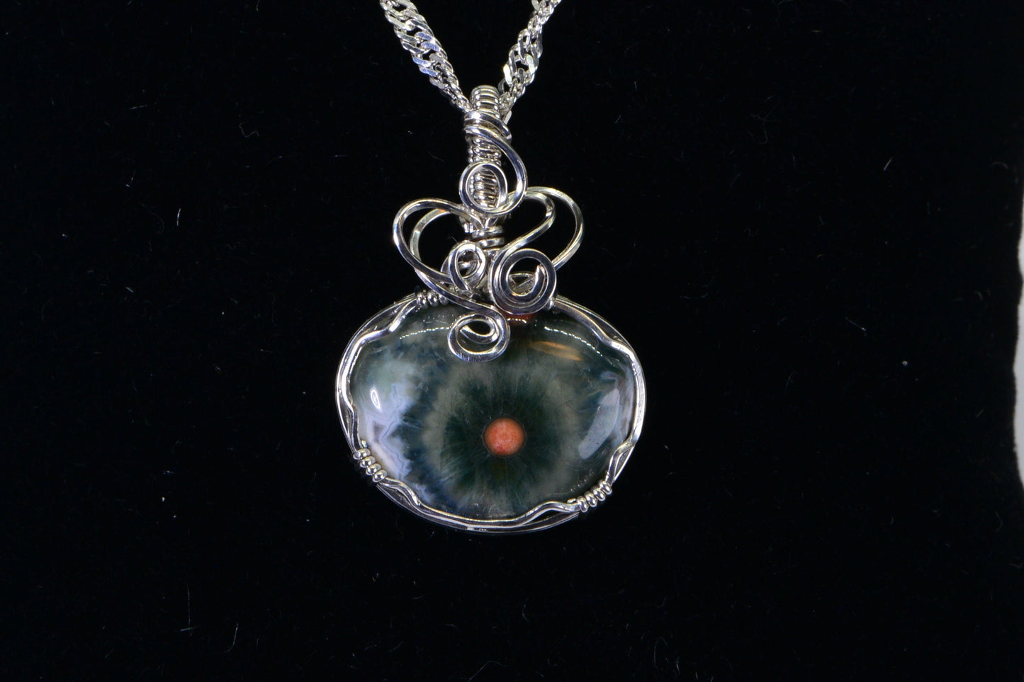Hand Cut Ocean Jasper Pendant: Green Orb Stone, Wire Wrapped Jewelry