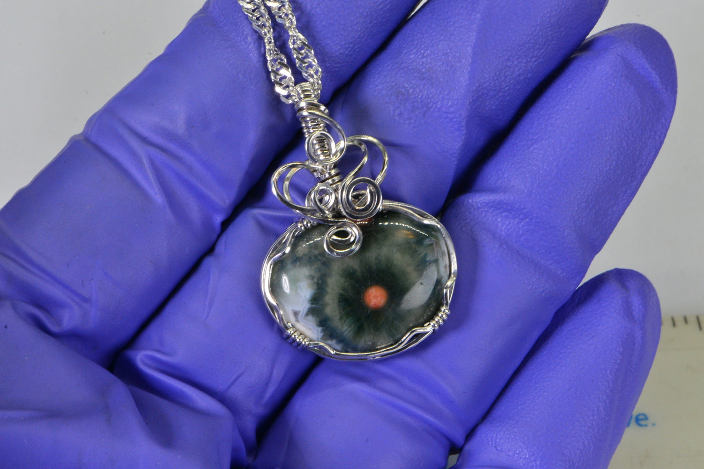Hand Cut Ocean Jasper Pendant: Green Orb Stone, Wire Wrapped Jewelry