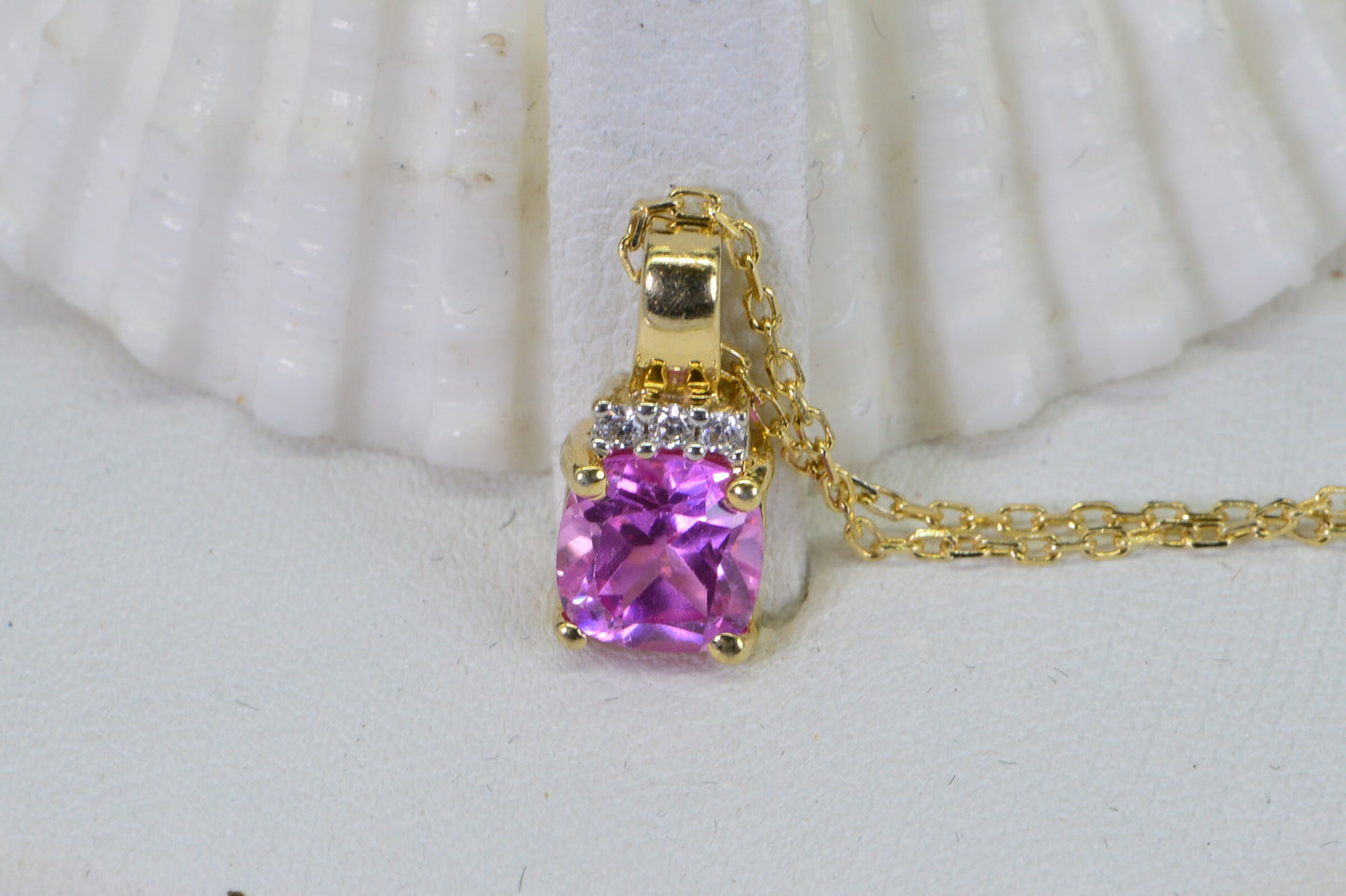 Pink Sapphire Cushion Pendant: 14K Gold Sterling Silver Necklace