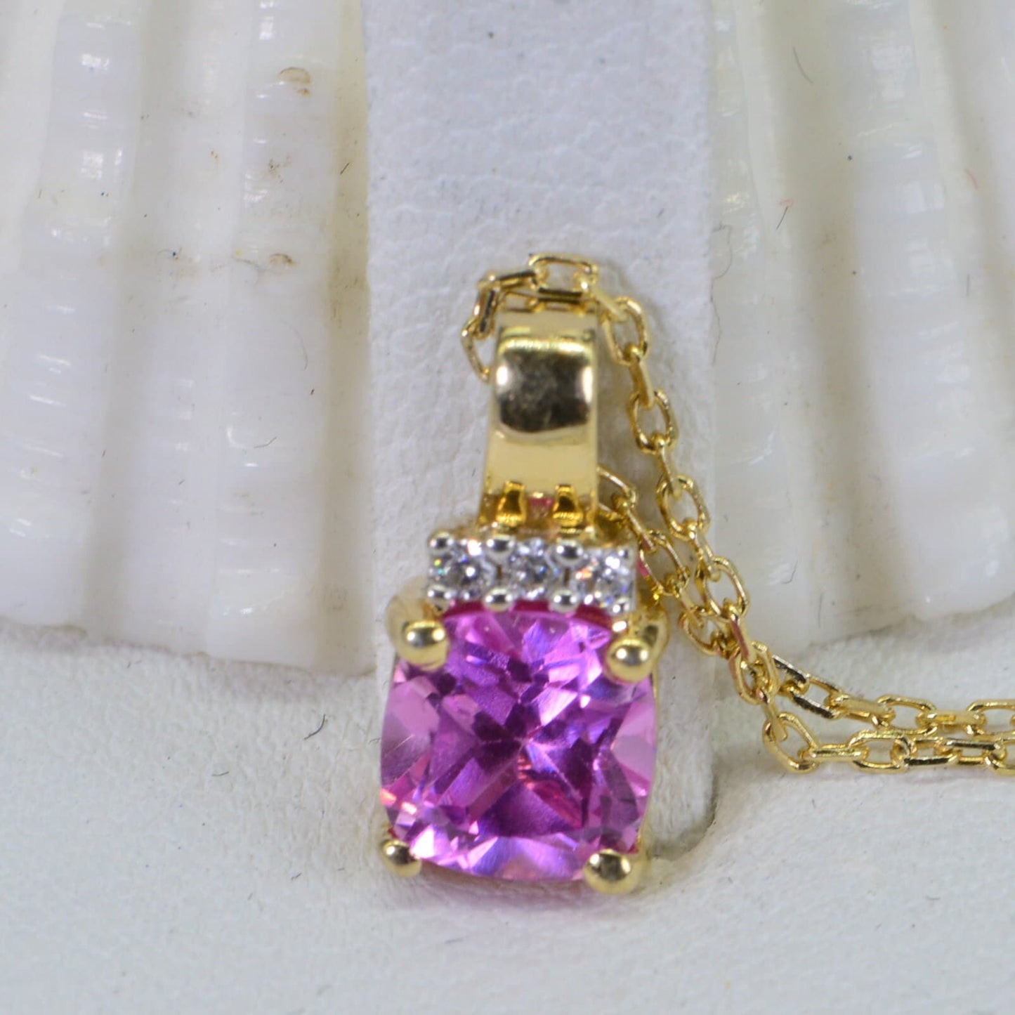Pink Sapphire Cushion Pendant: 14K Gold Sterling Silver Necklace