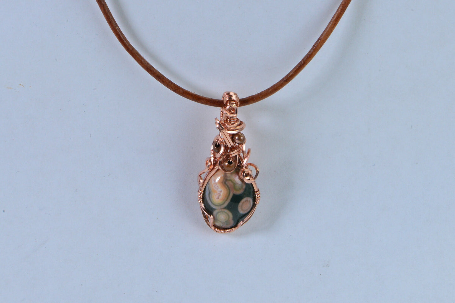 Ocean Jasper Copper Pendant Necklace: Wire Wrapped Gemstone, Leather Cord