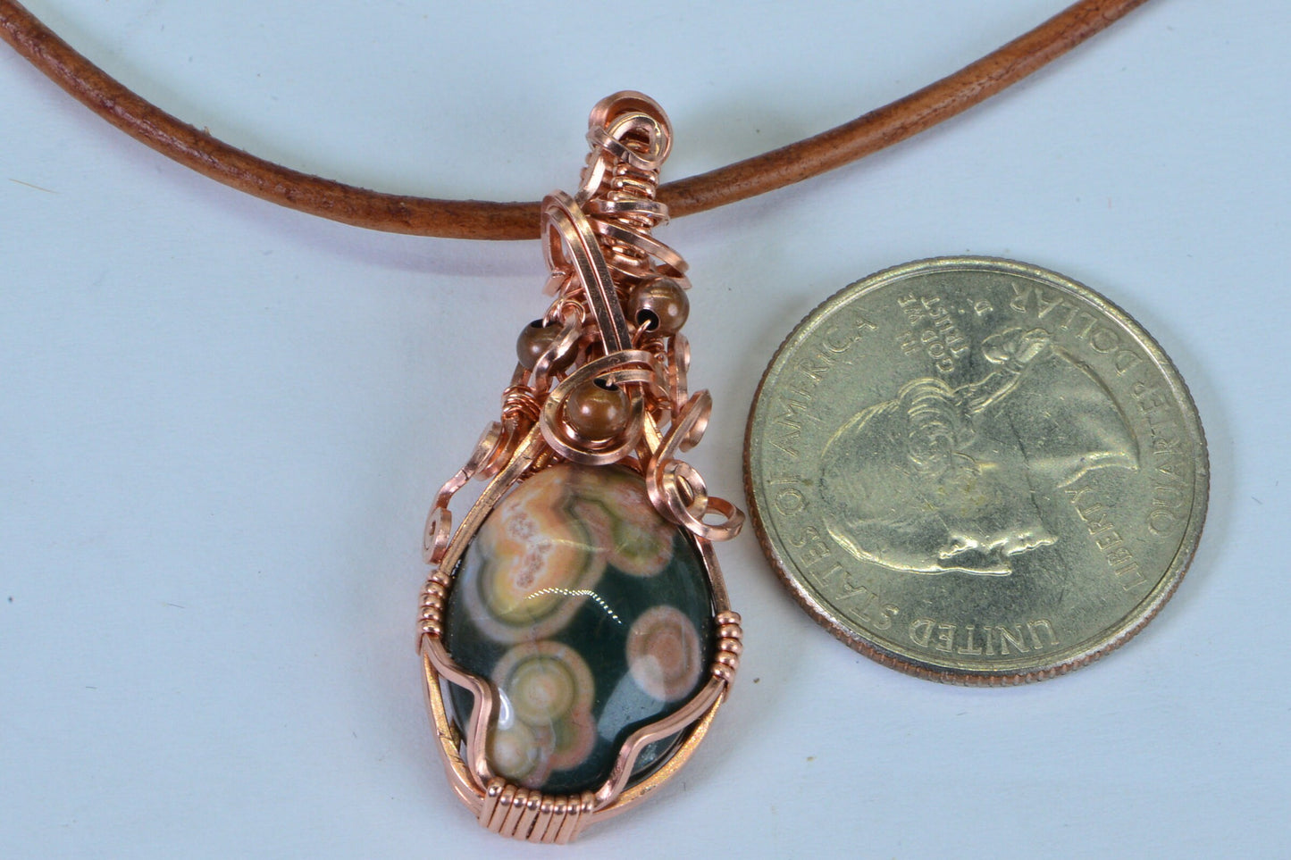 Ocean Jasper Copper Pendant Necklace: Wire Wrapped Gemstone, Leather Cord