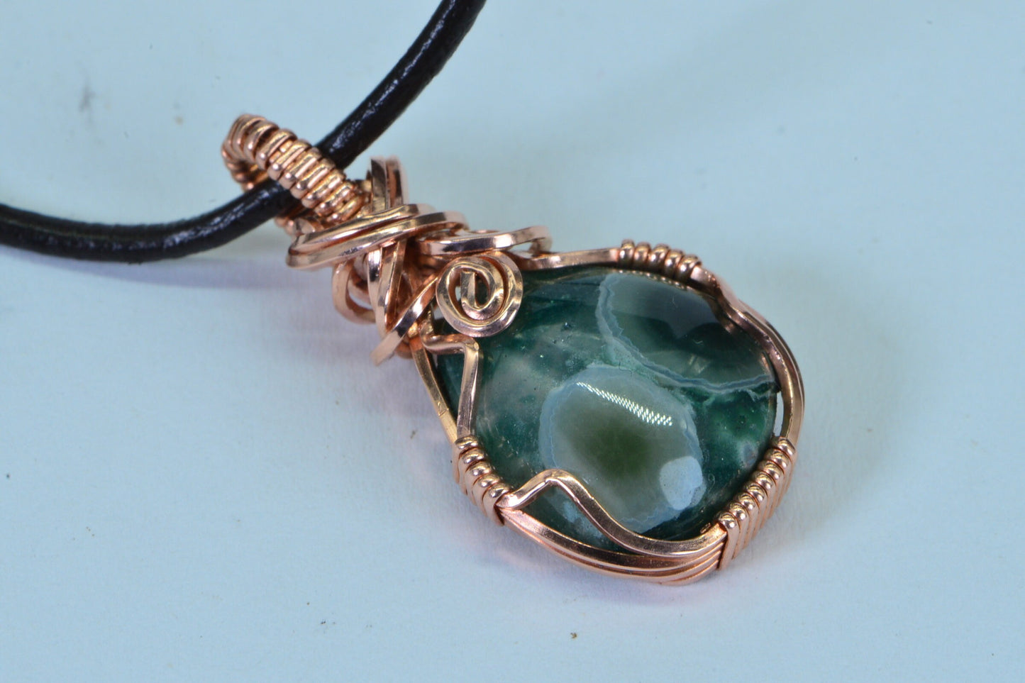 Green Ocean Jasper Copper Wire Wrapped Necklace - Leather Cord