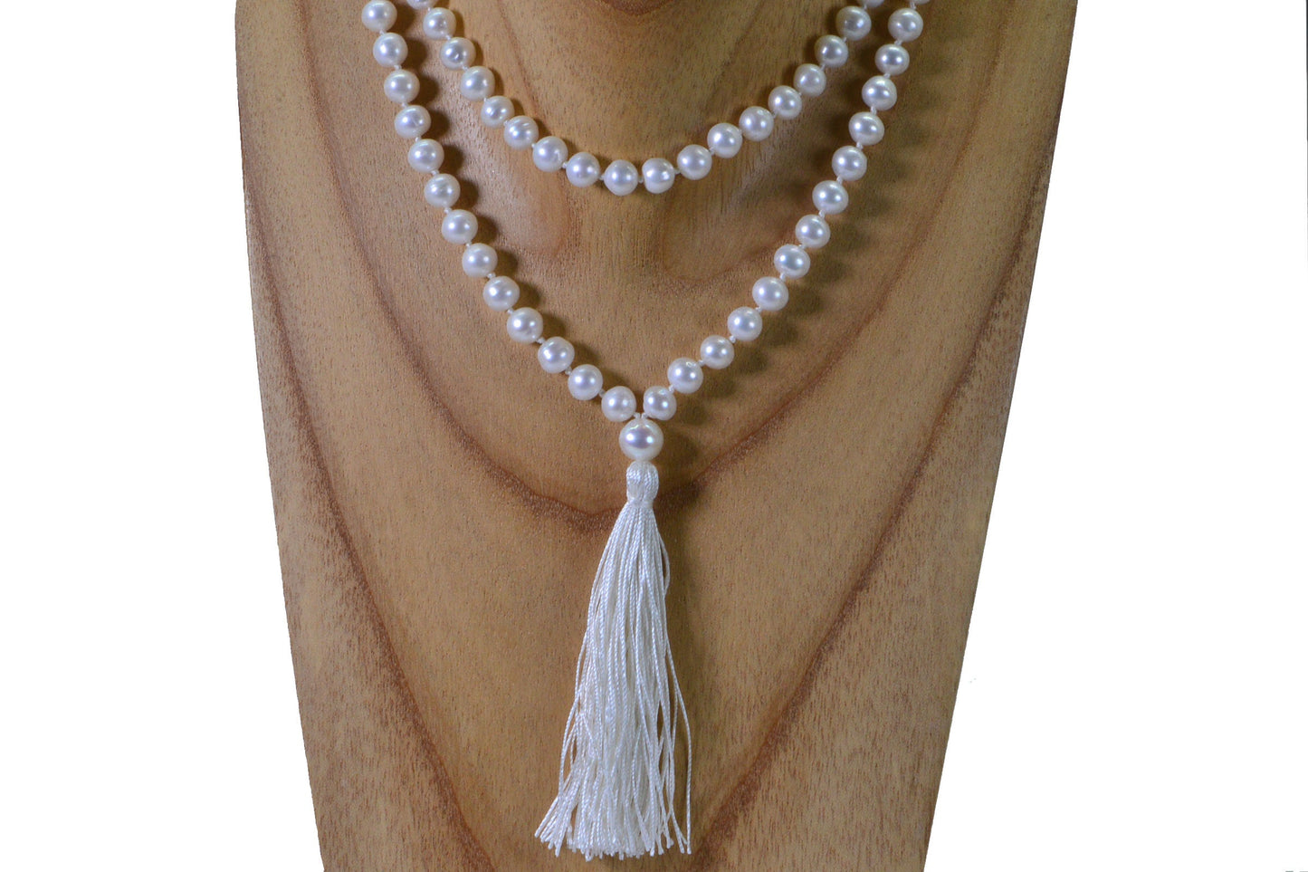 Freshwater Pearl Mala Necklace: Knotted Silk Tassel, 108 Beads