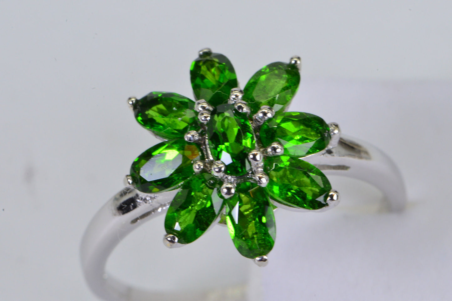 Diopside Flower Ring: 14K White Gold over Sterling Silver Floral Ring