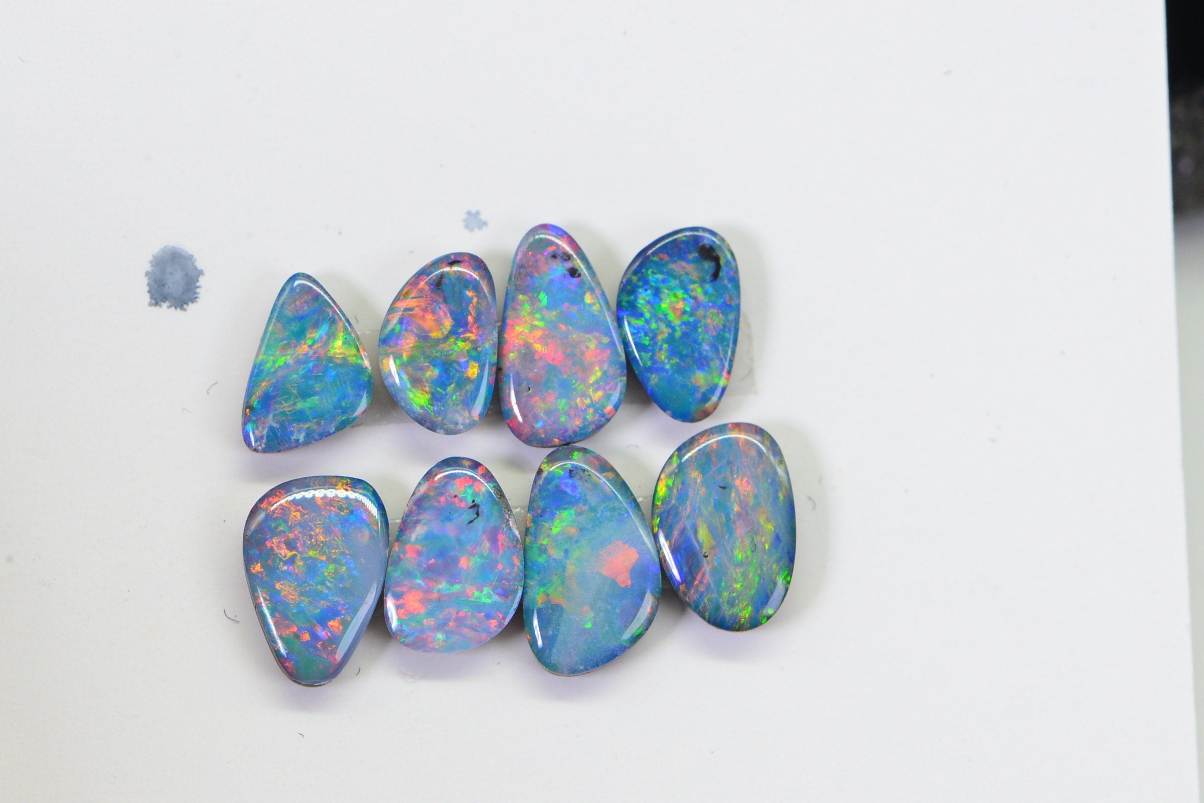 8 Australian Black Opal Doublet Cabs: 2.80 CT Blue Flash Gemstone