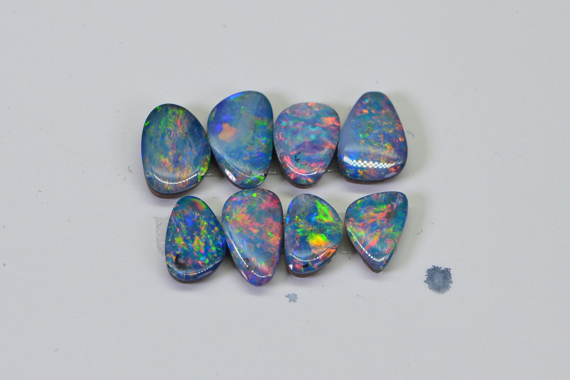 8 Australian Black Opal Doublet Cabs: 2.80 CT Blue Flash Gemstone