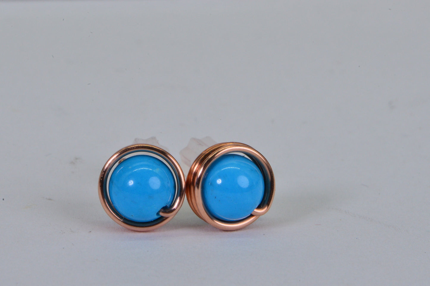 Handmade Copper Wire Wrapped Stud Earrings: Sleeping Beauty Turquoise