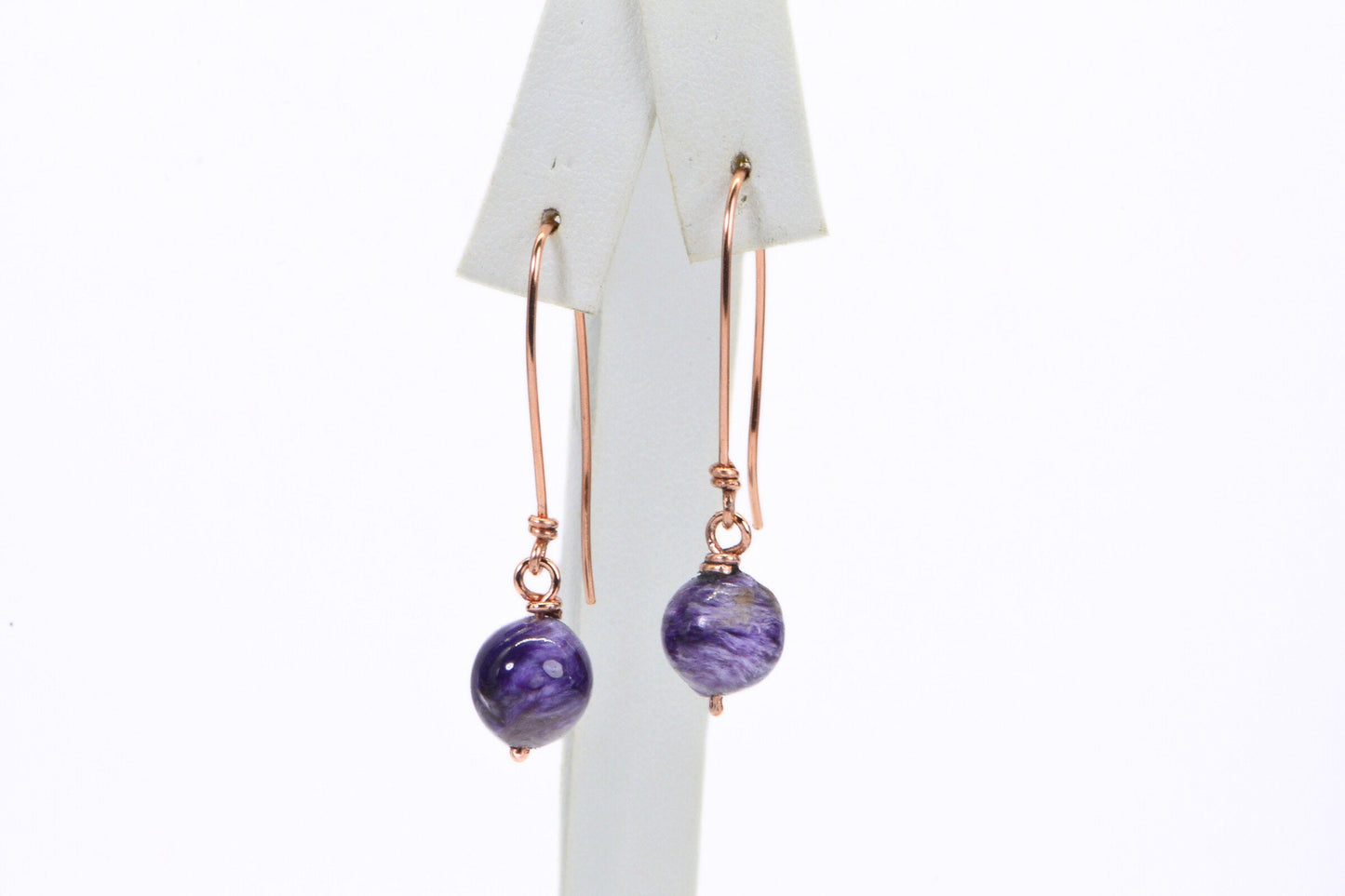 Russian Charoite Earrings, Copper Wire Wrapped Dangle Drop
