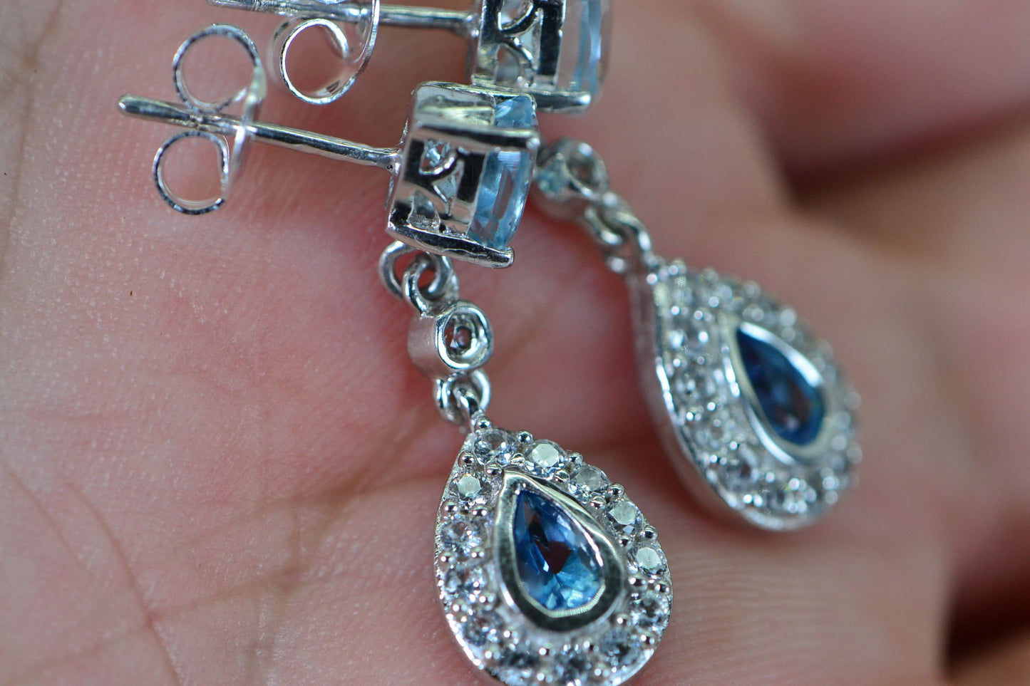Aquamarine London Blue Topaz Halo Earrings, 14K White Gold Over Sterling Silver