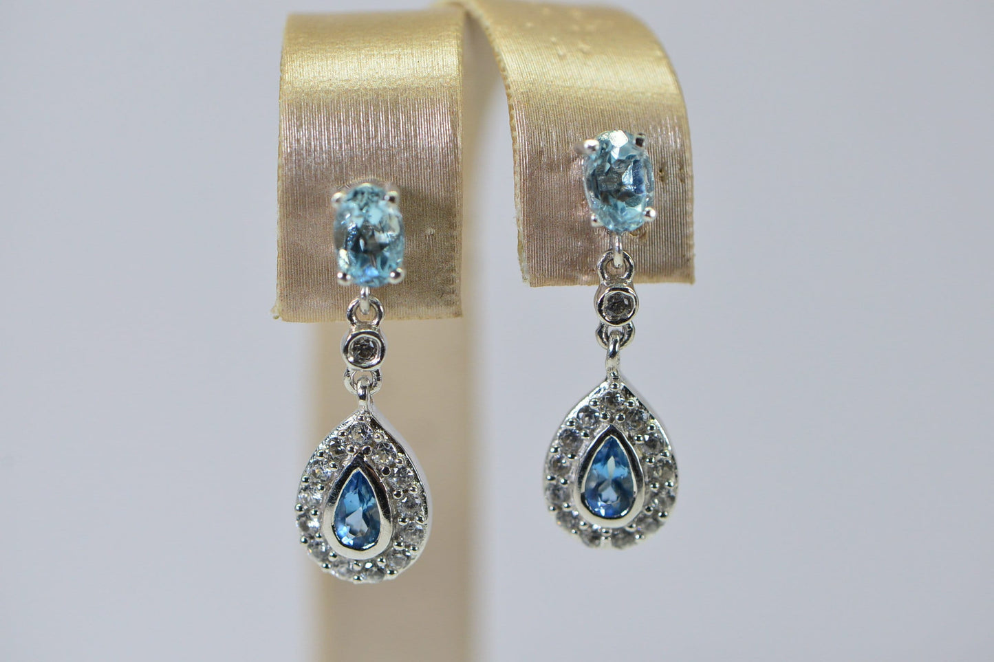 Aquamarine London Blue Topaz Halo Earrings, 14K White Gold Over Sterling Silver