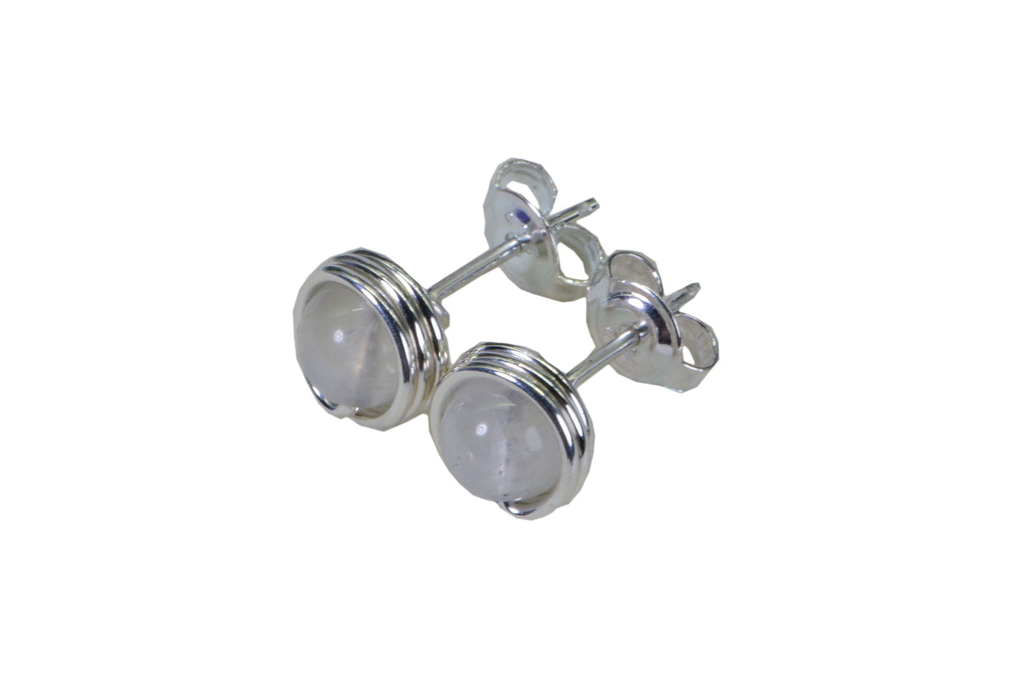 Wire Wrapped Moonstone Stud Earrings: Sterling Silver, 6mm