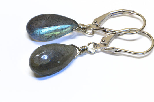 Natural Labradorite Teardrop Earrings Wire Wrapped Sterling Silver Dangle Drop Earrings Birthstone Gift