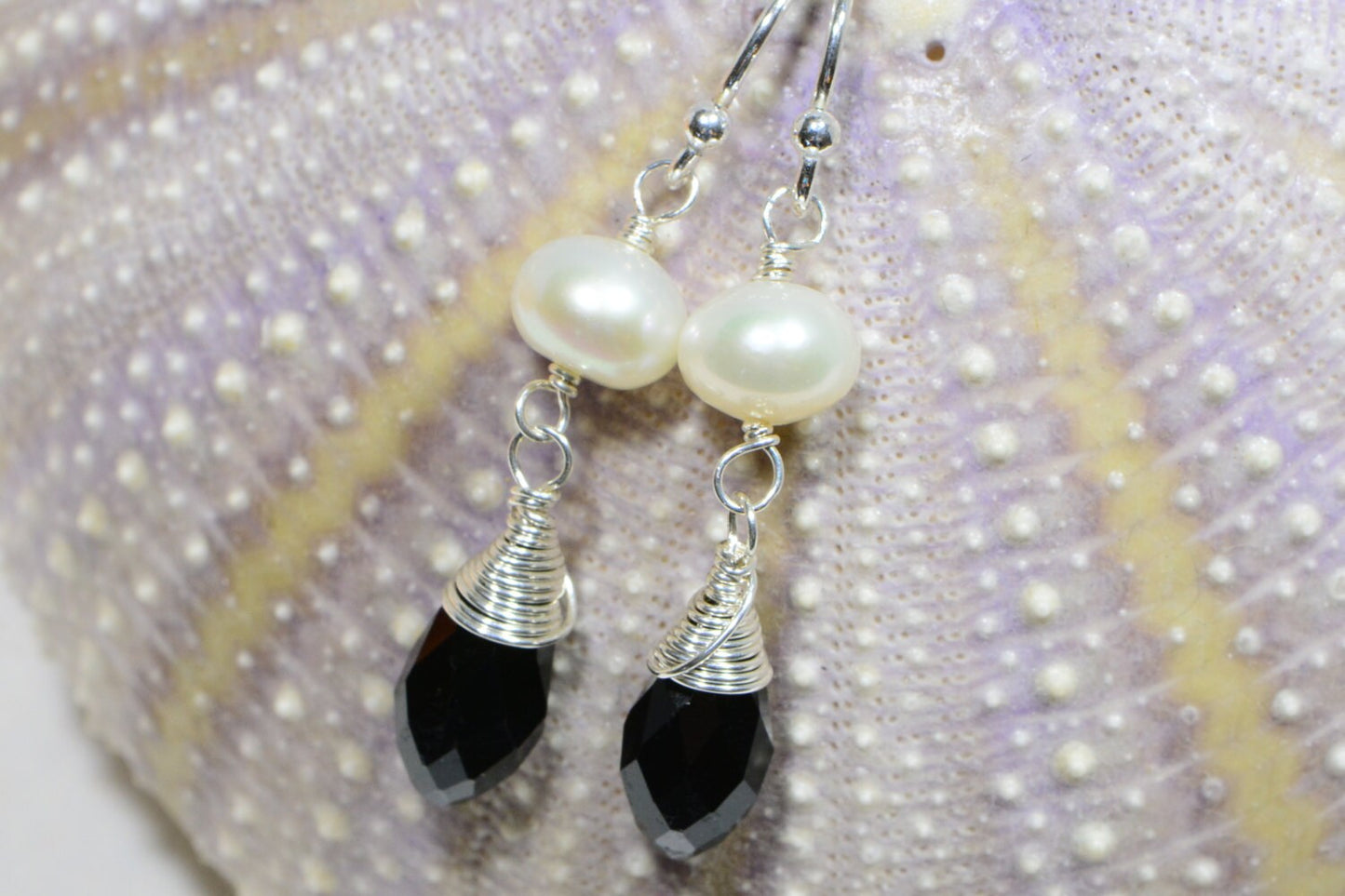 Sterling Silver Pearl Earrings, Black Crystal Dangle Earrings