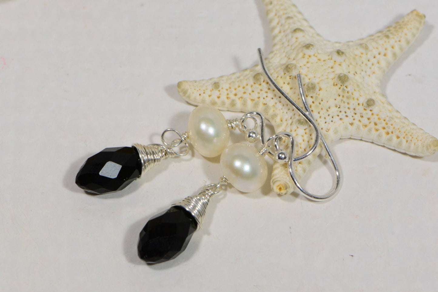 Sterling Silver Pearl Earrings, Black Crystal Dangle Earrings