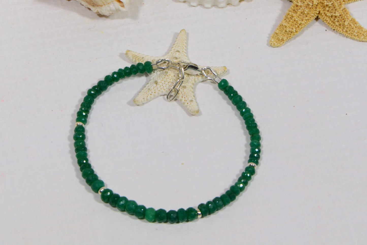 Emerald Bracelet: Faceted Rondelle Gemstone, Sterling Silver Beads