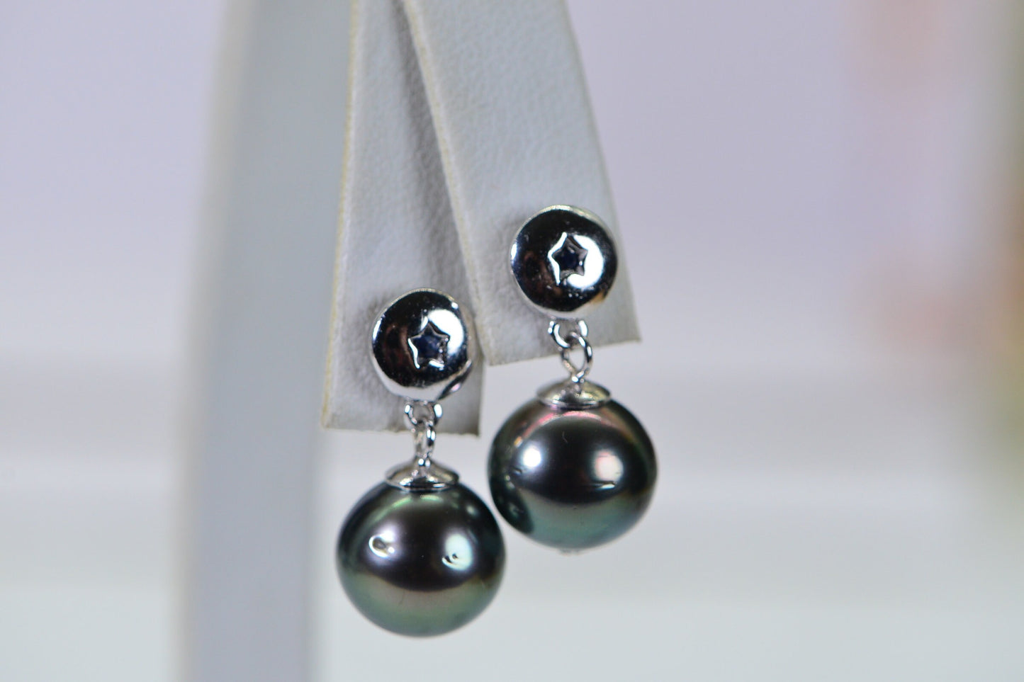 Tahitian Black Pearl Drop Earrings, Sapphire Diamond Accent, Sterling Silver