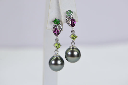 Tahitian Cultured Black Pearl Natural Diamond  Dangle Earrings Multi Stone Earrings
