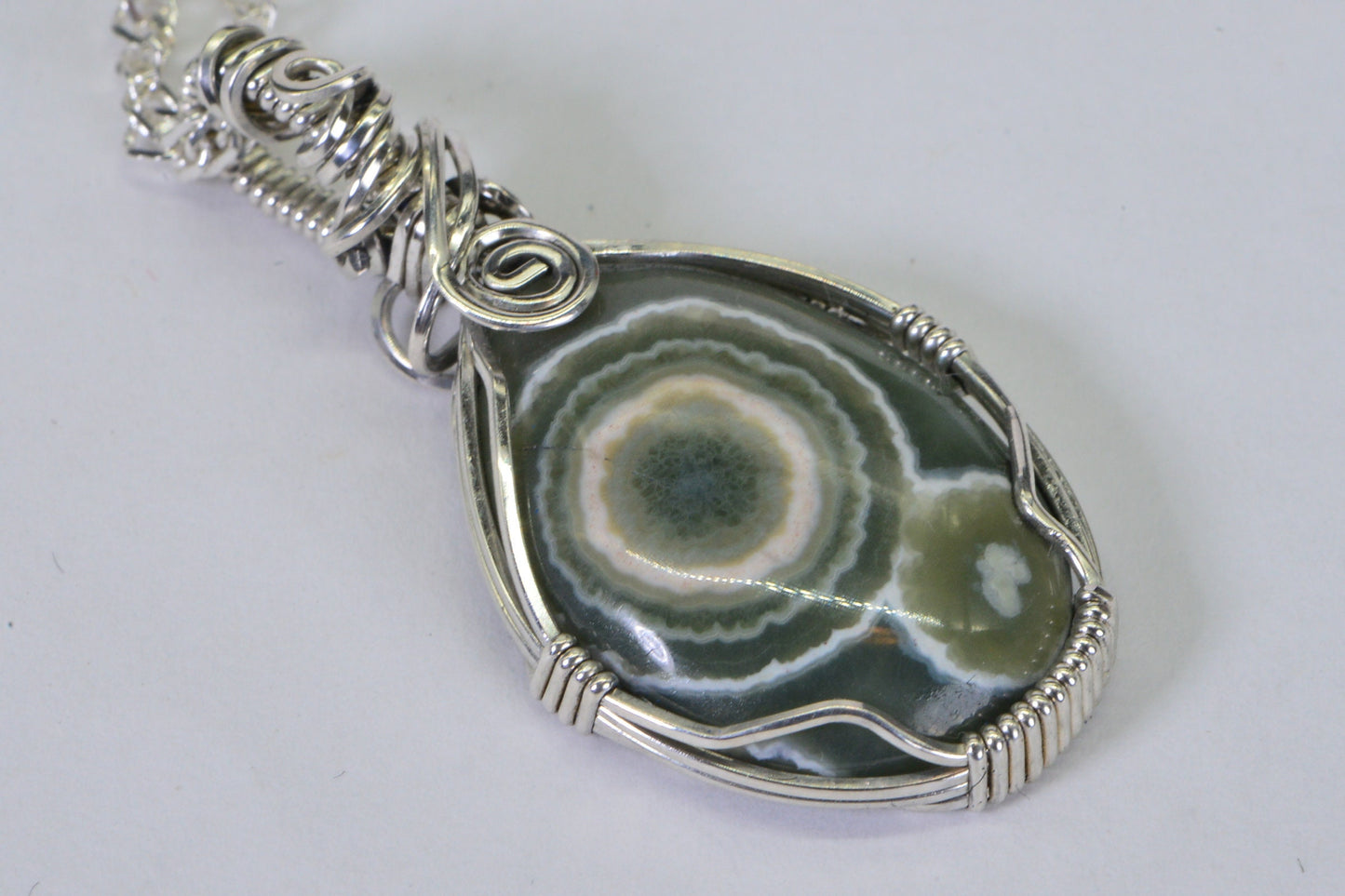 Green Ocean Jasper Sterling Silver Wire Wrapped Pendant