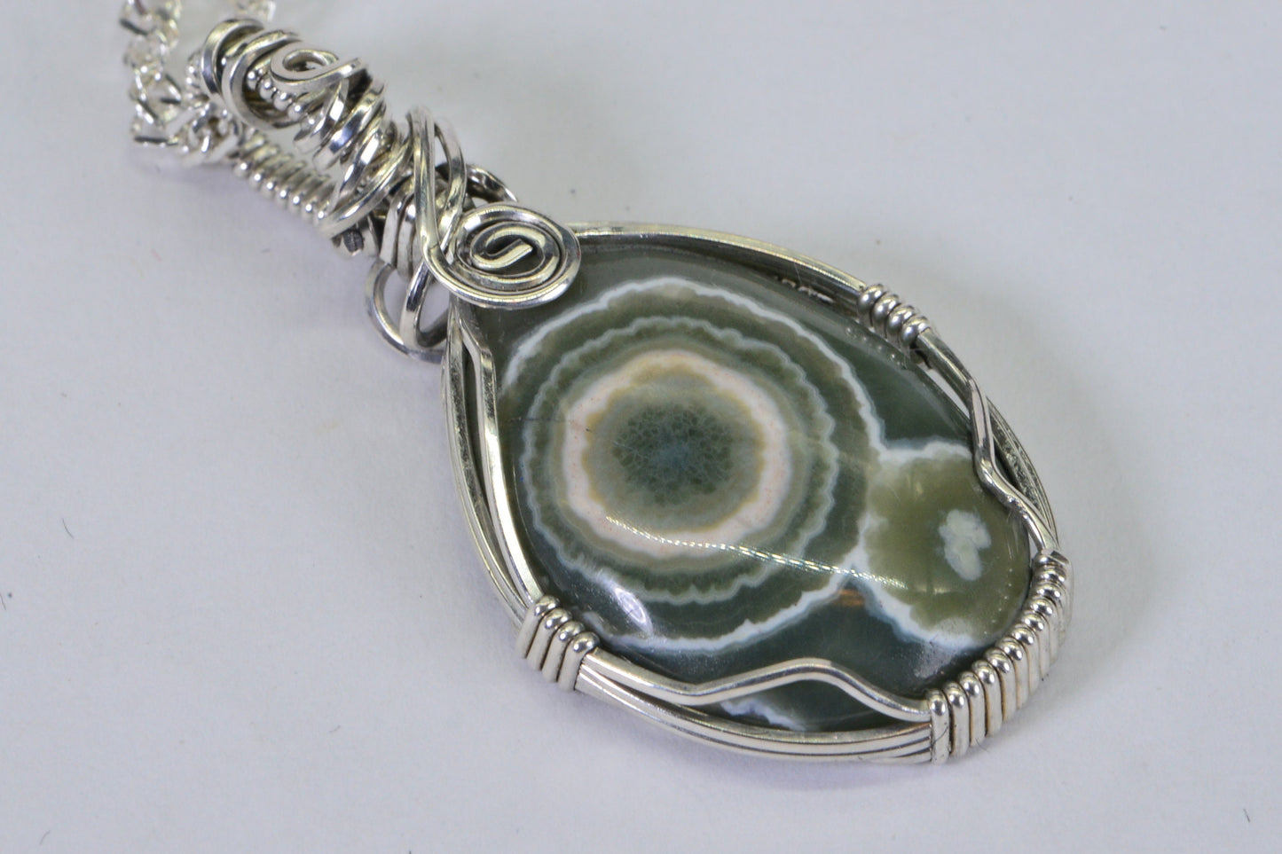 Green Ocean Jasper Sterling Silver Wire Wrapped Pendant