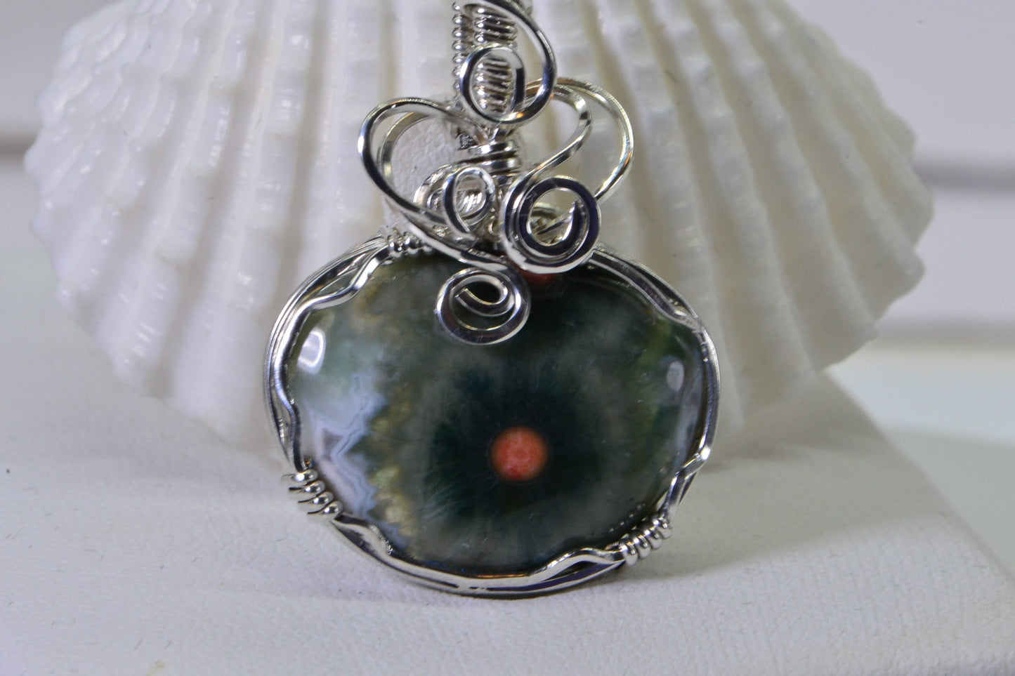 Hand Cut Ocean Jasper Pendant: Green Orb Stone, Wire Wrapped Jewelry