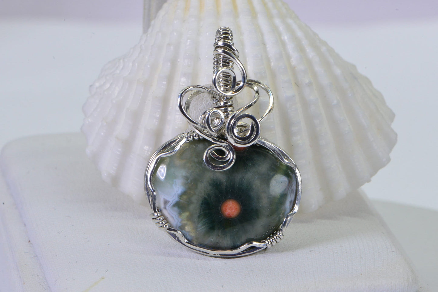 Hand Cut Ocean Jasper Pendant: Green Orb Stone, Wire Wrapped Jewelry