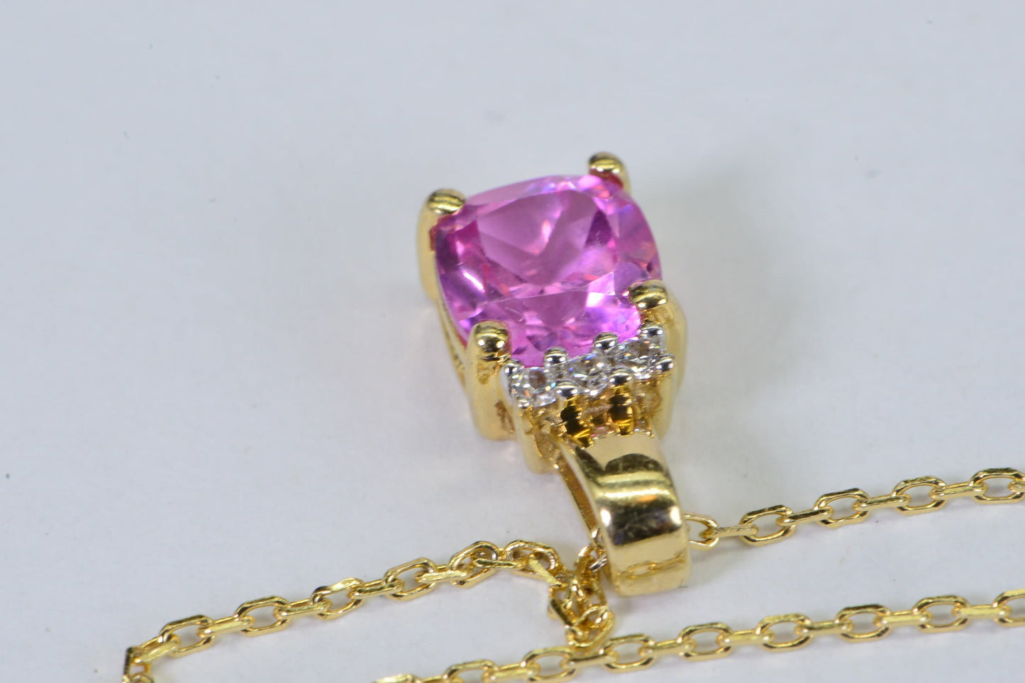 Pink Sapphire Cushion Pendant: 14K Gold Sterling Silver Necklace