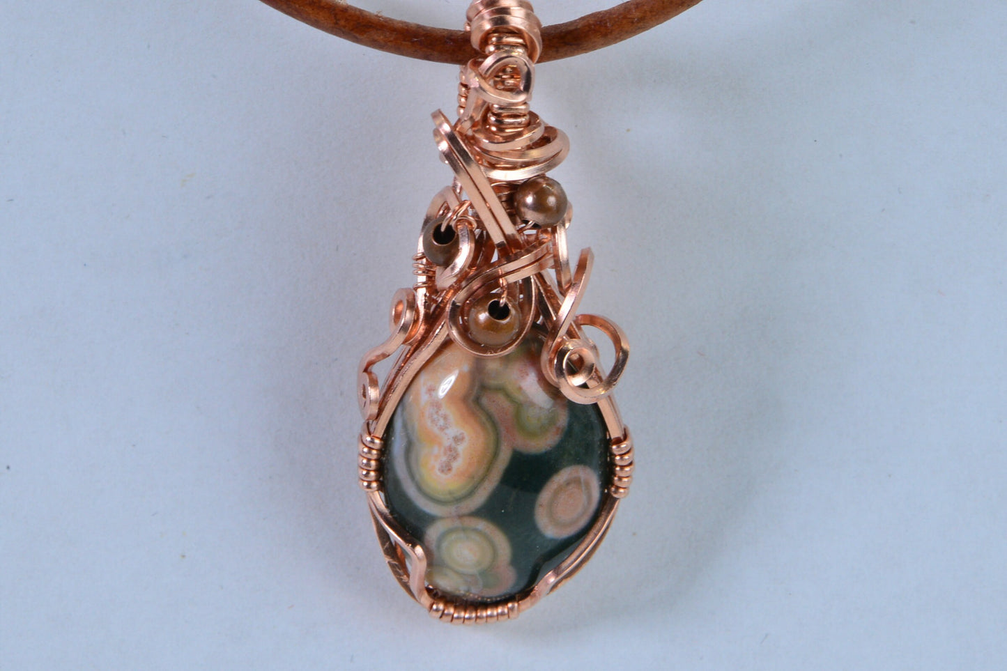 Ocean Jasper Copper Pendant Necklace: Wire Wrapped Gemstone, Leather Cord