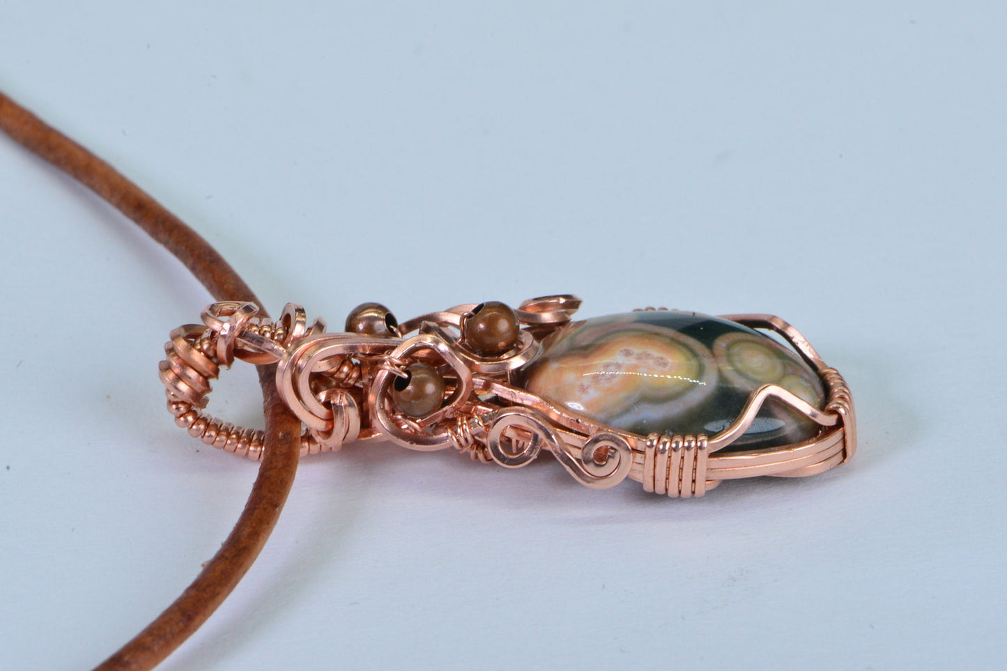 Ocean Jasper Copper Pendant Necklace: Wire Wrapped Gemstone, Leather Cord