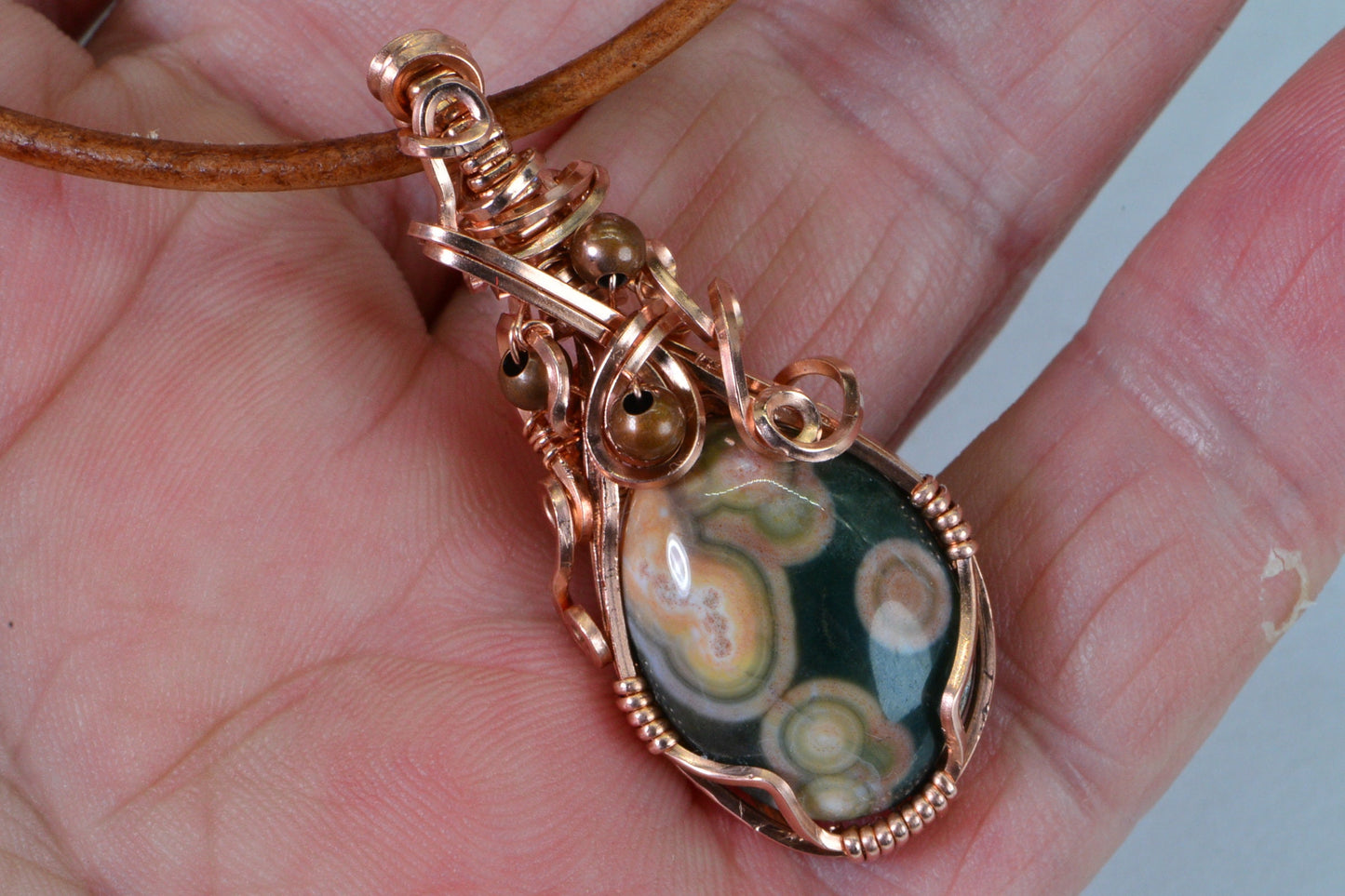 Ocean Jasper Copper Pendant Necklace: Wire Wrapped Gemstone, Leather Cord