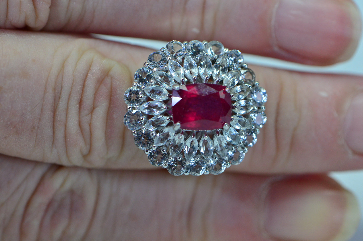 Natural Ruby Double Halo Ring: Sterling Silver July Birthstone