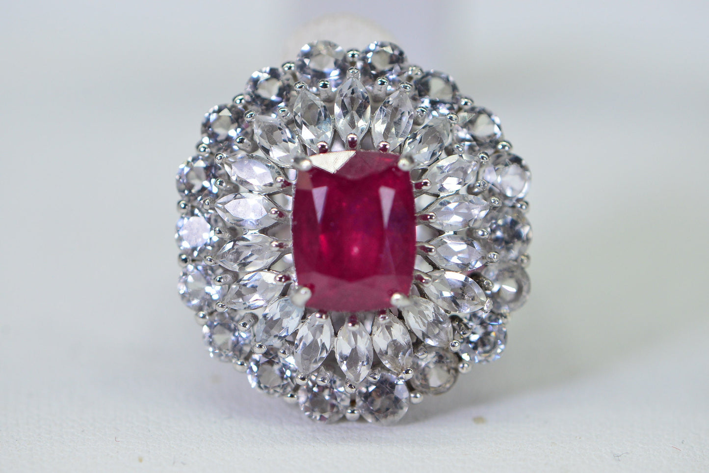 Natural Ruby Double Halo Ring: Sterling Silver July Birthstone