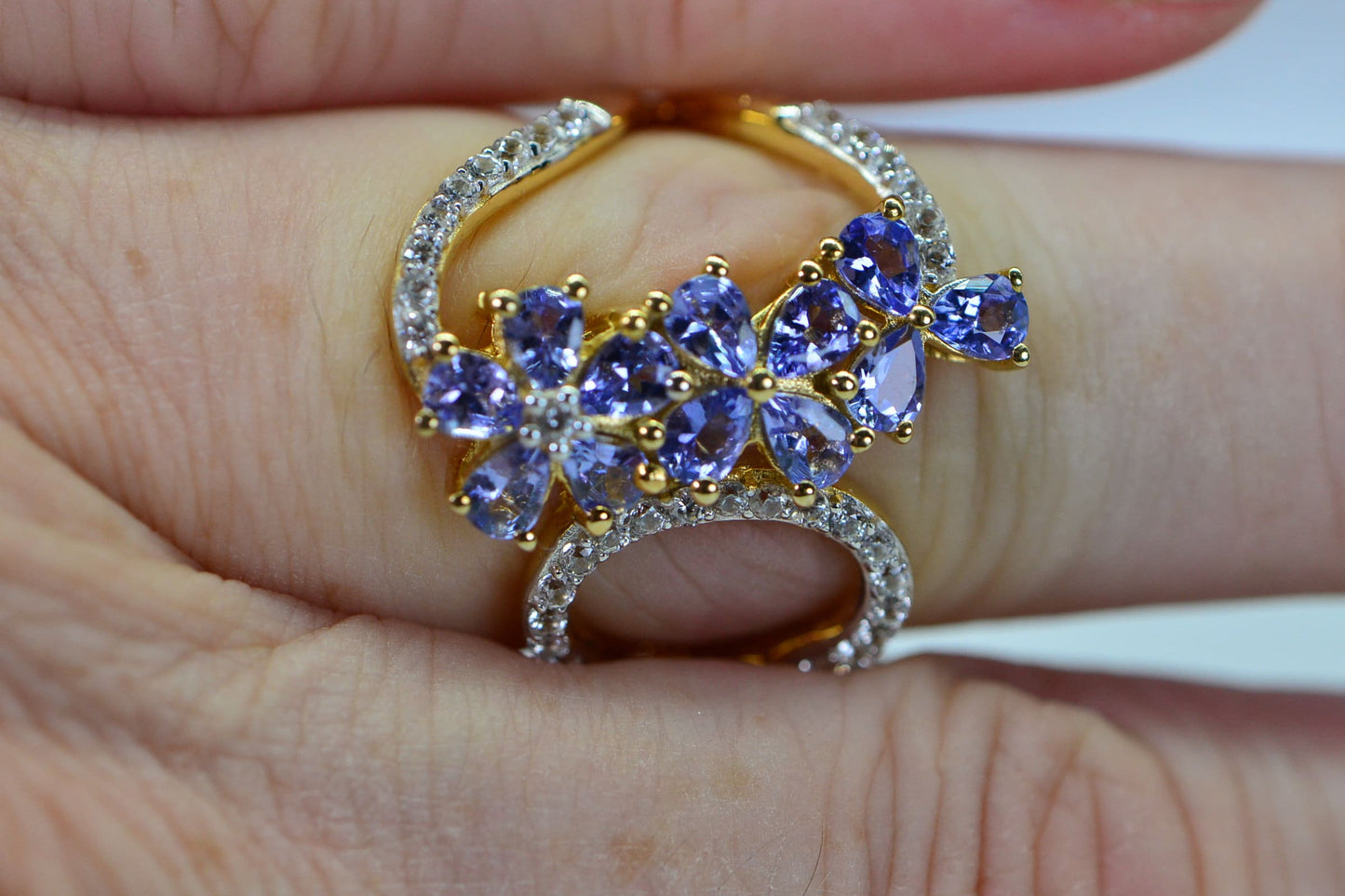Tanzanite Flower Ring: 14K Yellow Gold Over Sterling Silver