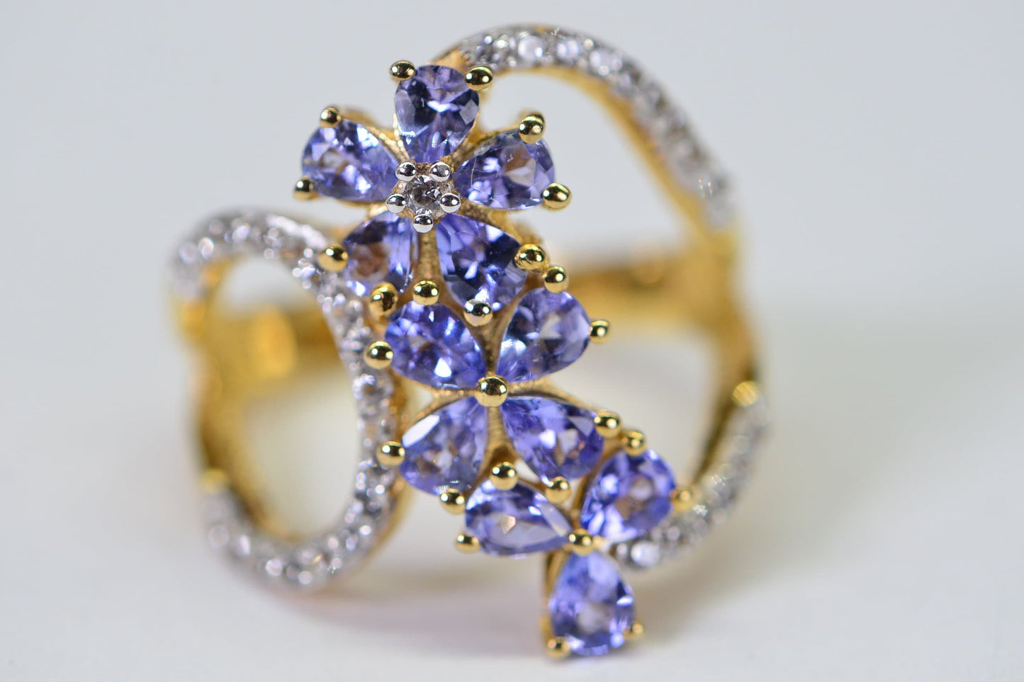 Tanzanite Flower Ring: 14K Yellow Gold Over Sterling Silver