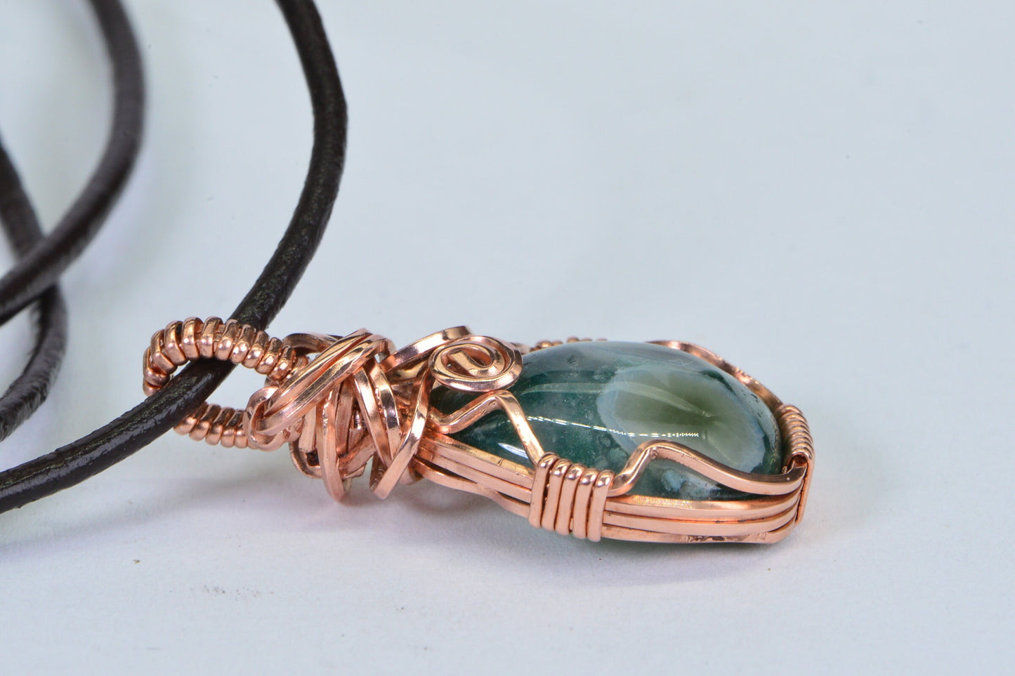 Green Ocean Jasper Copper Wire Wrapped Necklace - Leather Cord