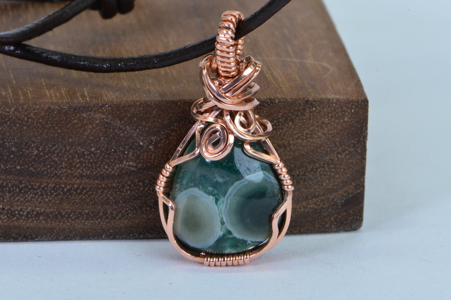 Green Ocean Jasper Copper Wire Wrapped Necklace - Leather Cord