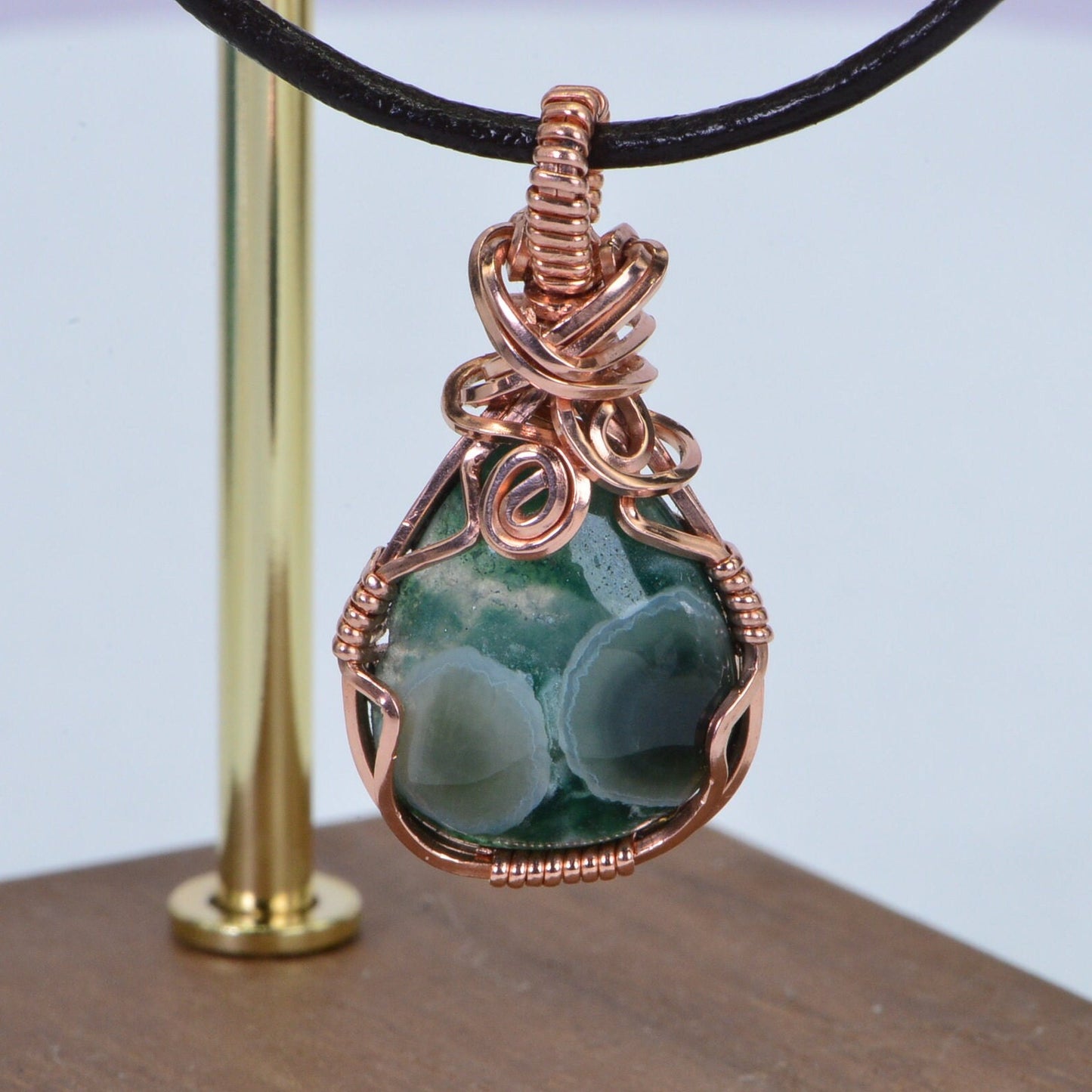 Green Ocean Jasper Copper Wire Wrapped Necklace - Leather Cord
