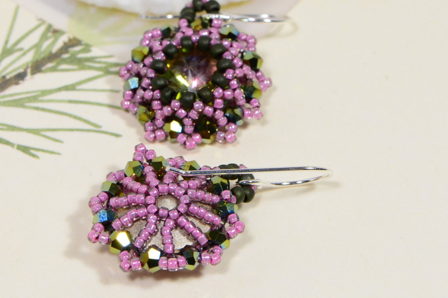 earrings swarovski rivoli and seed beads mystic topaz floral beaded