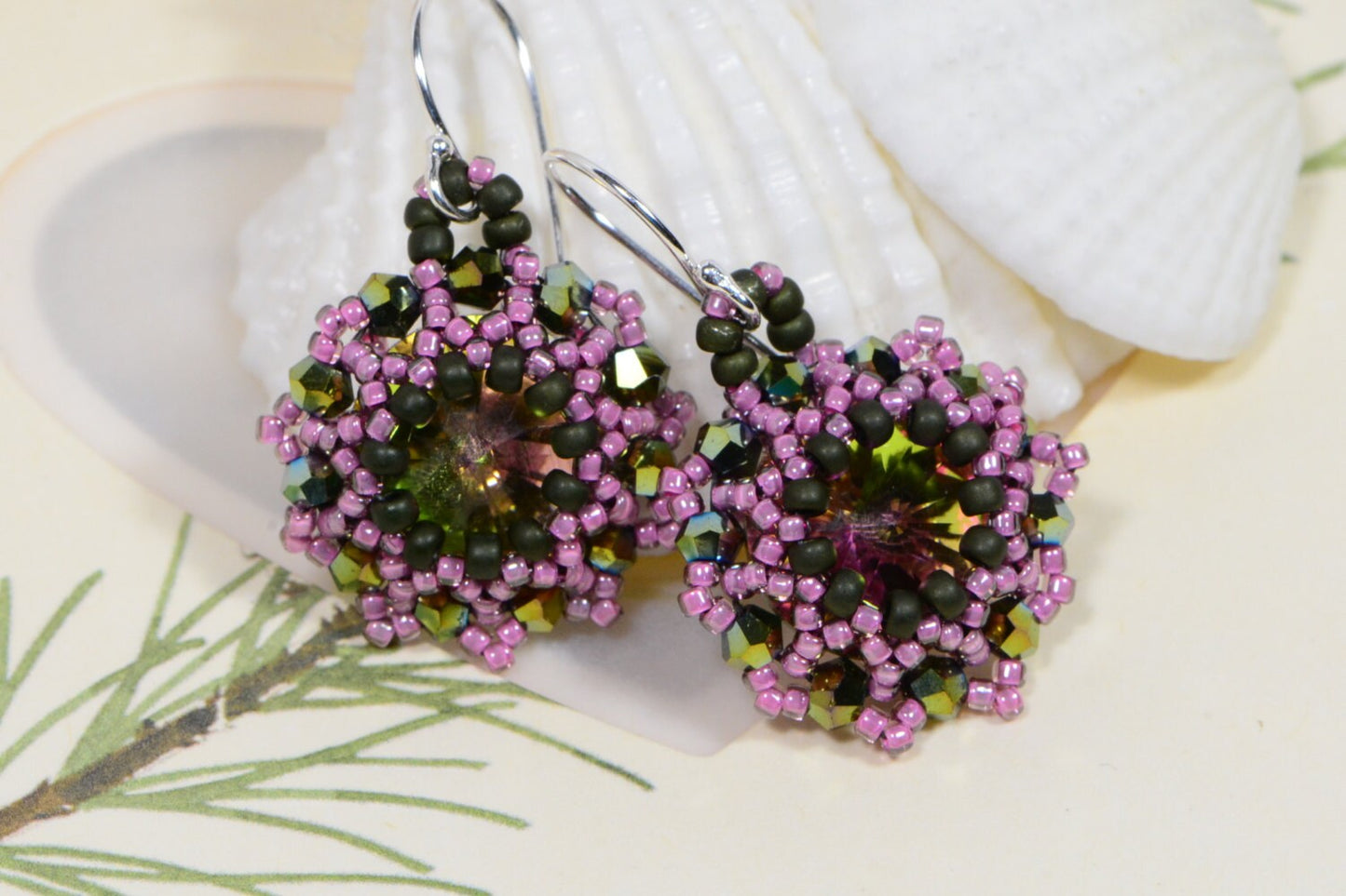 earrings swarovski rivoli and seed beads mystic topaz floral beaded