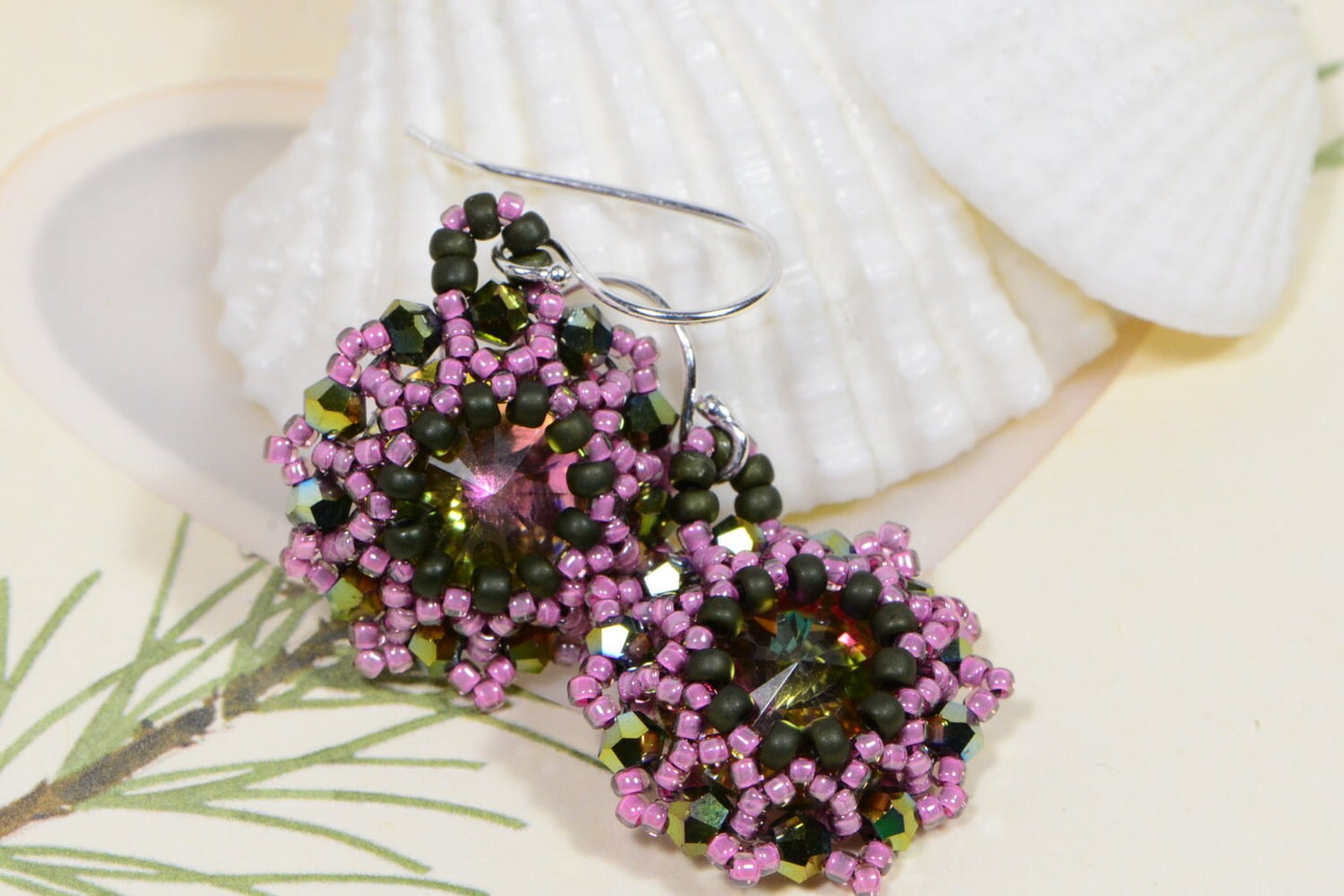 earrings swarovski rivoli and seed beads mystic topaz floral beaded