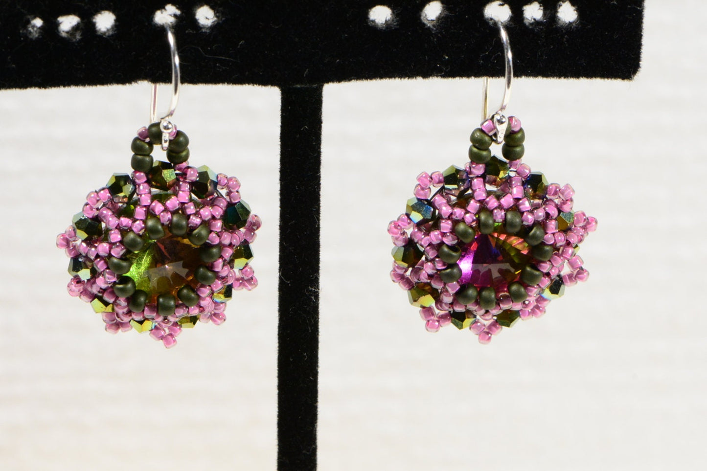 earrings swarovski rivoli and seed beads mystic topaz floral beaded
