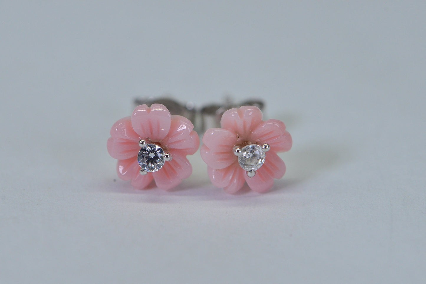 Queen Conch Pink Flower Earrings: CZ Sterling Silver Studs