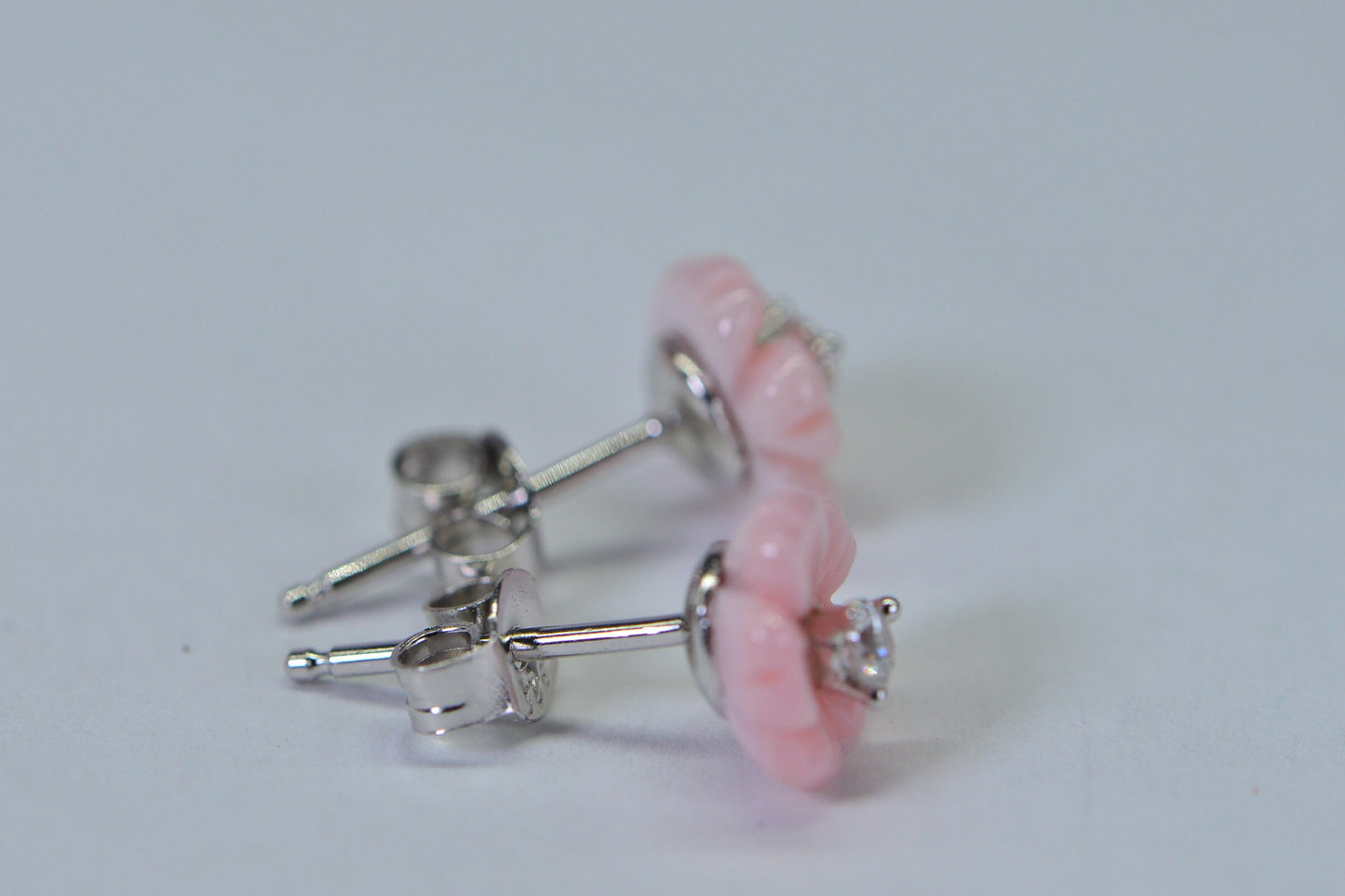 Queen Conch Pink Flower Earrings: CZ Sterling Silver Studs