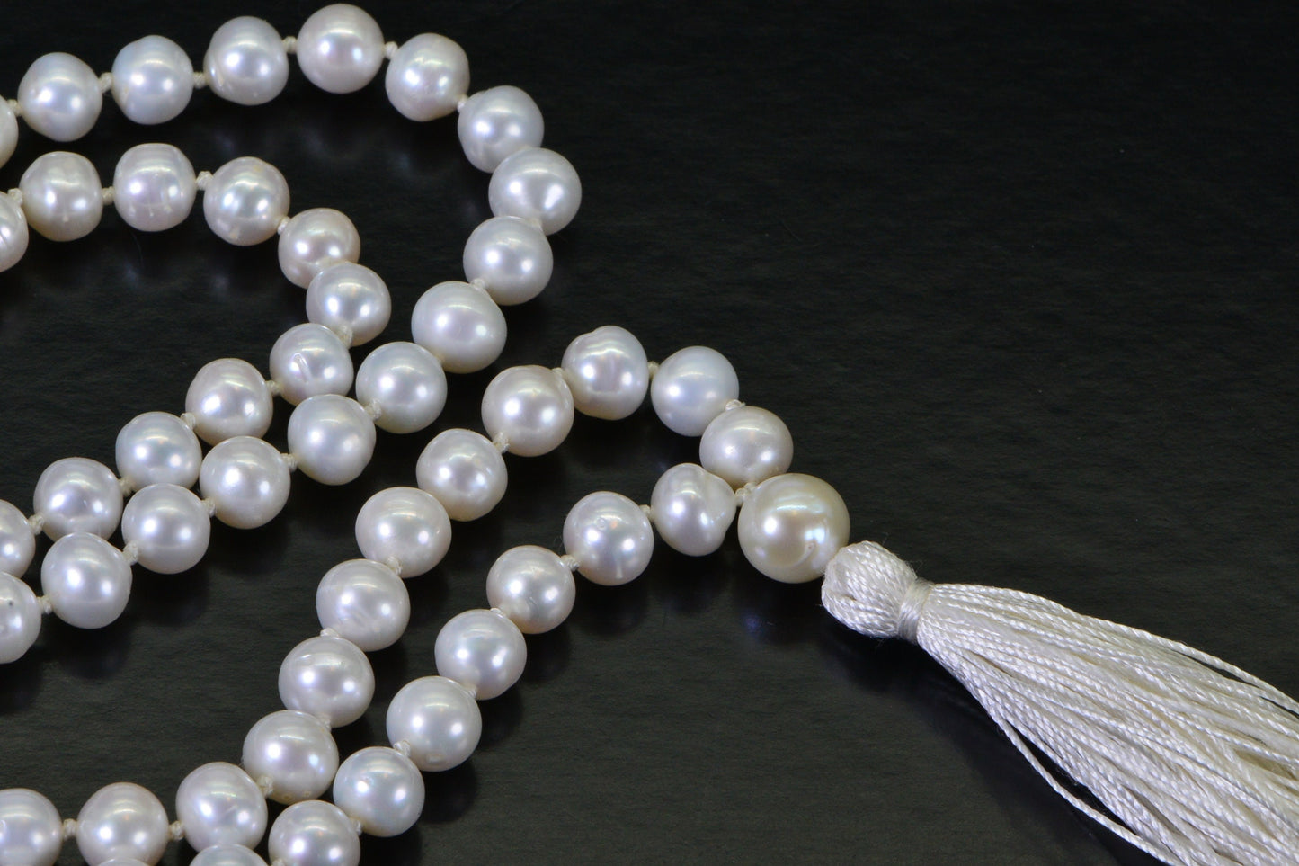 Freshwater Pearl Mala Necklace: Knotted Silk Tassel, 108 Beads
